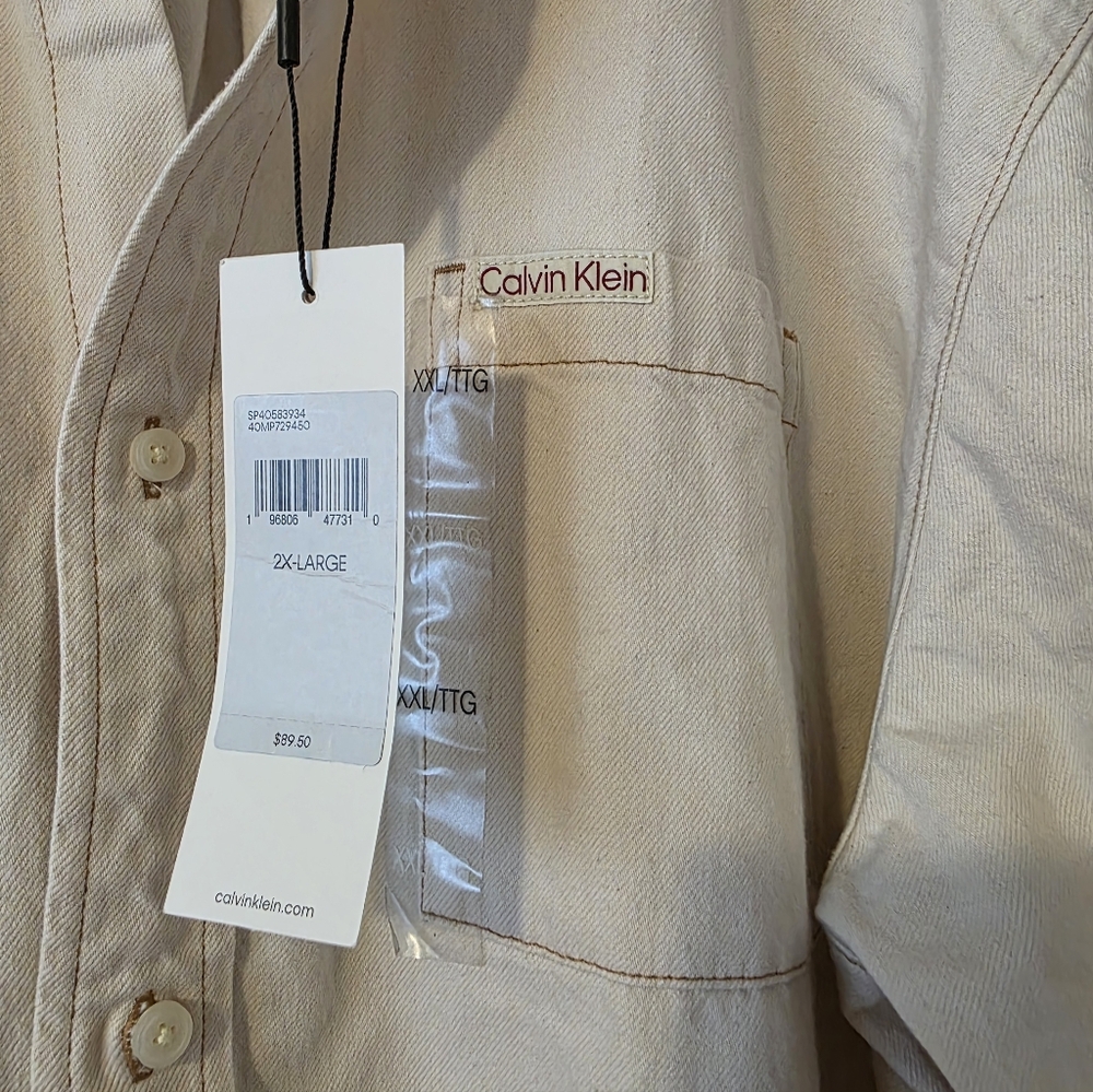 Calvin Klein Button Up Camp Shirt Collared Shortsleeve Mens XXL Cream Cotton - Picture 4 of 7
